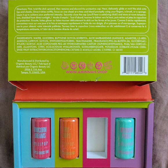 🌸 AMINNAH Lollipop Lips & Cheeks Tints Gift Set of 3 NIB - Picture 3 of 6